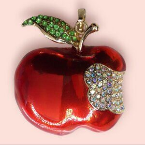 Charter Club Red Apple Pendant Aurora Borealis Crystals Gold Tone Teacher Gift